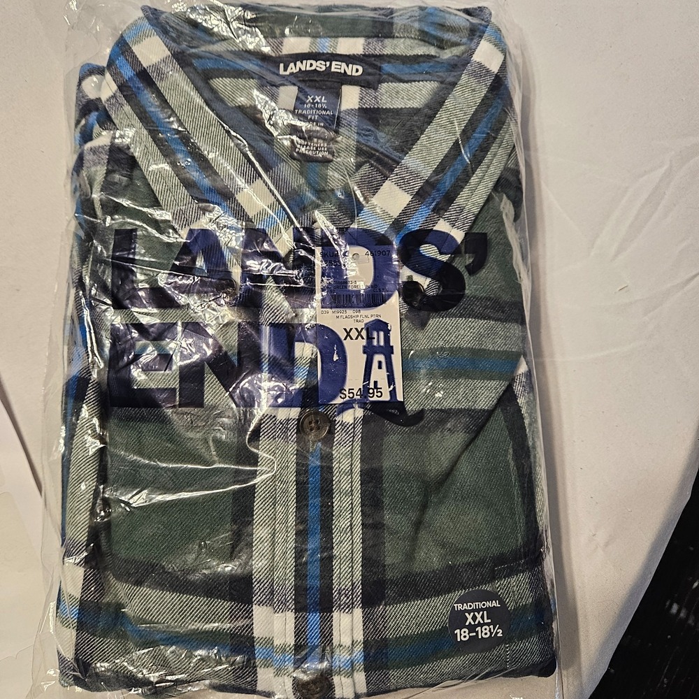Land's End Mens Flannel Plaid Green/Blue Button Down XXL Preppy Cabincore Cozy - Picture 3 of 3